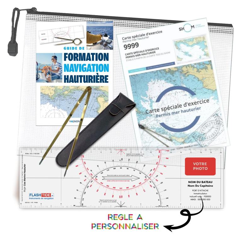 Pack permis plaisance hauturier avec le manuel de formation navigation hauturire + Rgle Cras personnalise + Compas Laiton + Carte SHOM 9999 + Pochette de Rangement - FlashTide