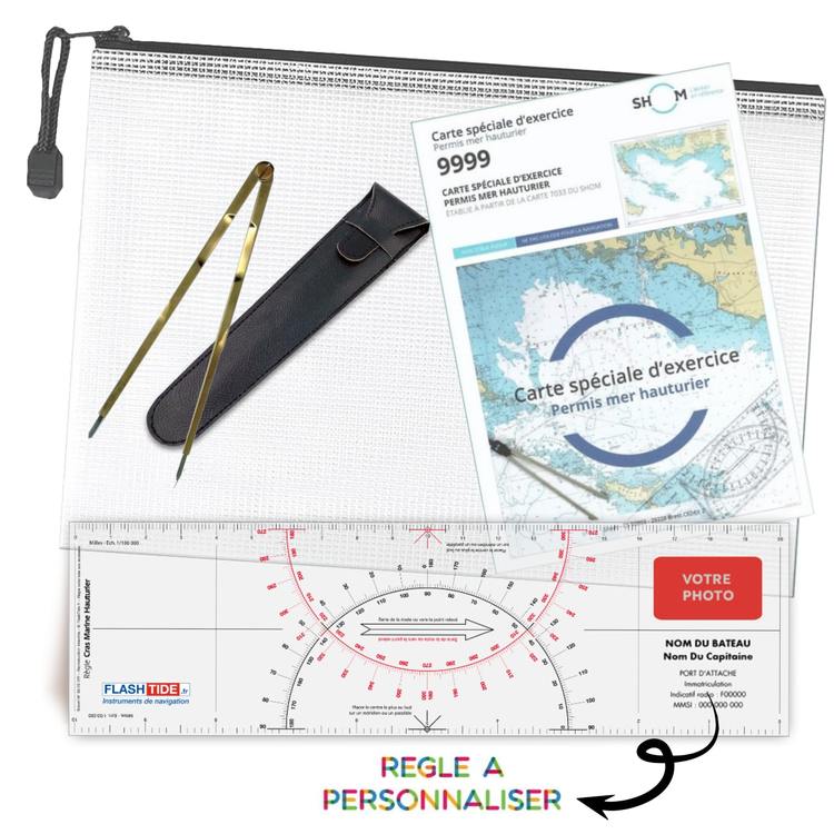Pack permis plaisance hauturier - Rgle Cras personnalise + Compas Laiton + Carte SHOM 9999 + Pochette de Rangement - FlashTide